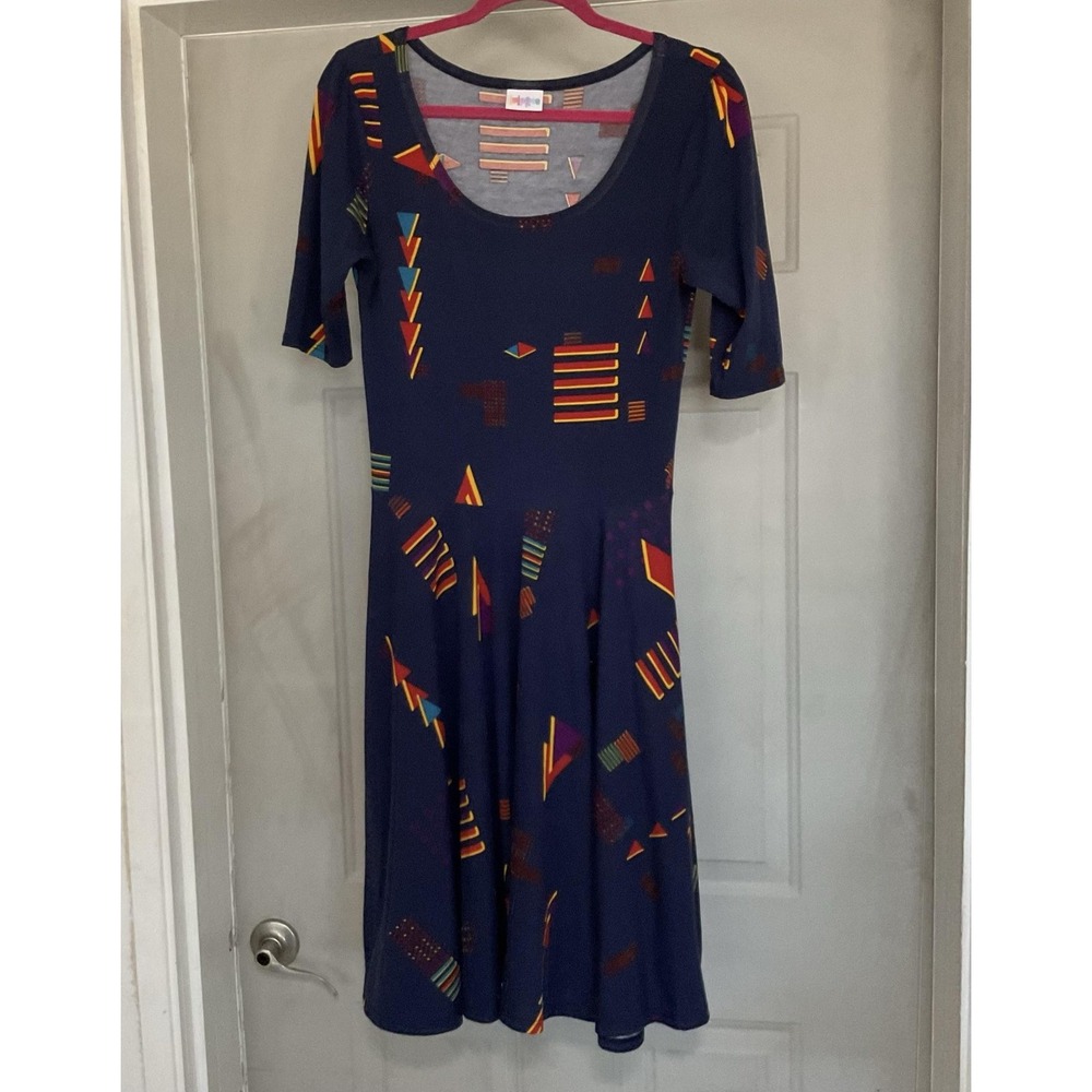 LuLaRoe Dress Womens Medium Blue Geo Fit & Flare Scoop Neck Knit Half Sleeve